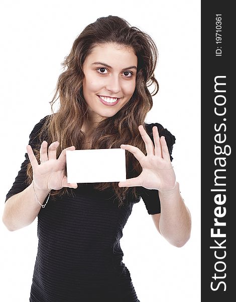 A beautiful and smiling woman holding an empty card