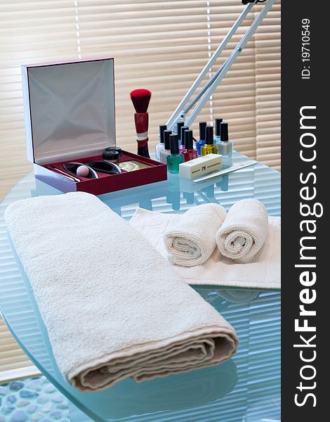 Manicure table and tools in interior beauty salon. Manicure table and tools in interior beauty salon