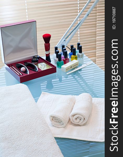 Manicure table and tools in interior beauty salon. Manicure table and tools in interior beauty salon