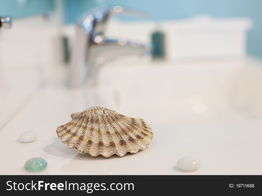 Shell lies on the edge of the washbasin in the bathroom. Shell lies on the edge of the washbasin in the bathroom