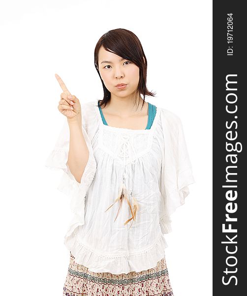 Portrait of young asian woman pointing