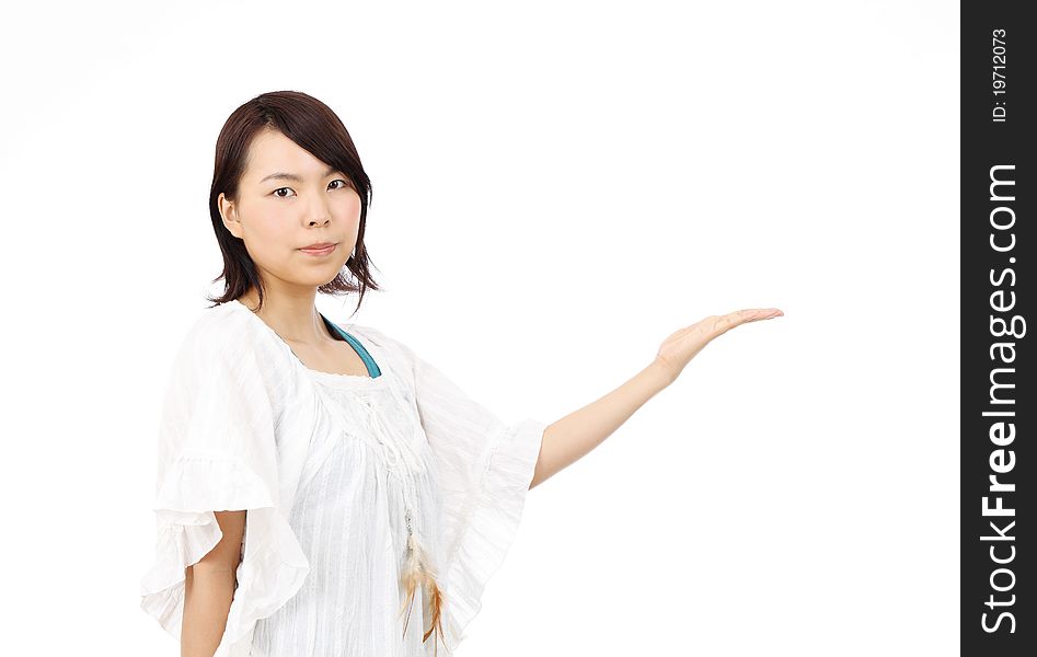 Young japanese woman hand showing blank sign. Young japanese woman hand showing blank sign