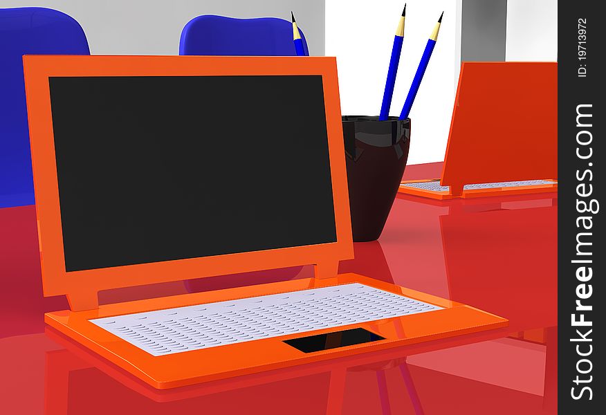 3d stereoscopic laptops on red table with blue pencils. 3d stereoscopic laptops on red table with blue pencils