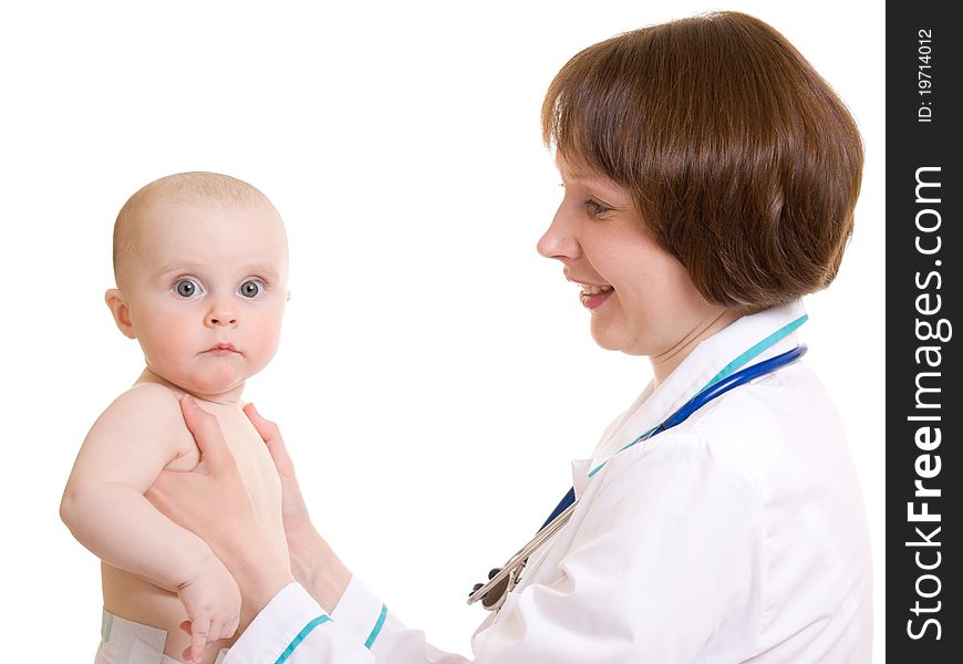 Doctor with a baby on a white background.