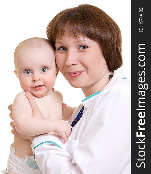 Doctor with a baby on a white background.