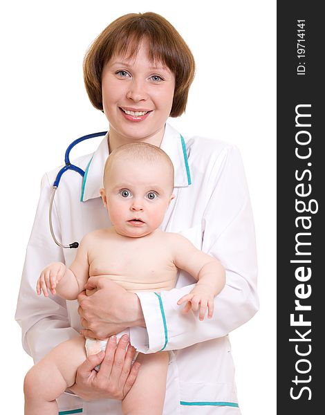 Doctor with a baby on a white background.