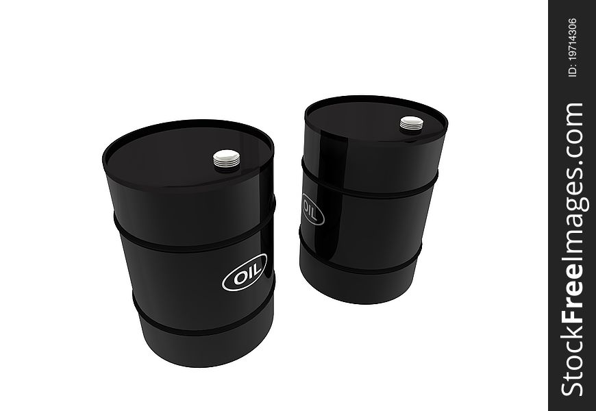 Two black oil barrels isolated on white.