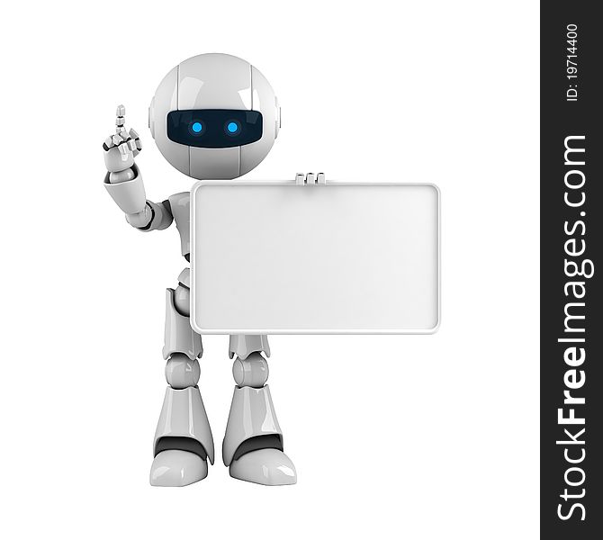 Funny white robot stay with blank banner