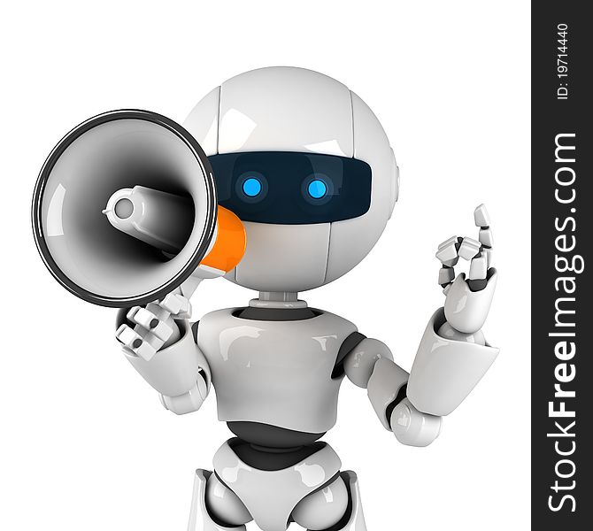 Funny white robot stay with megaphone illustration