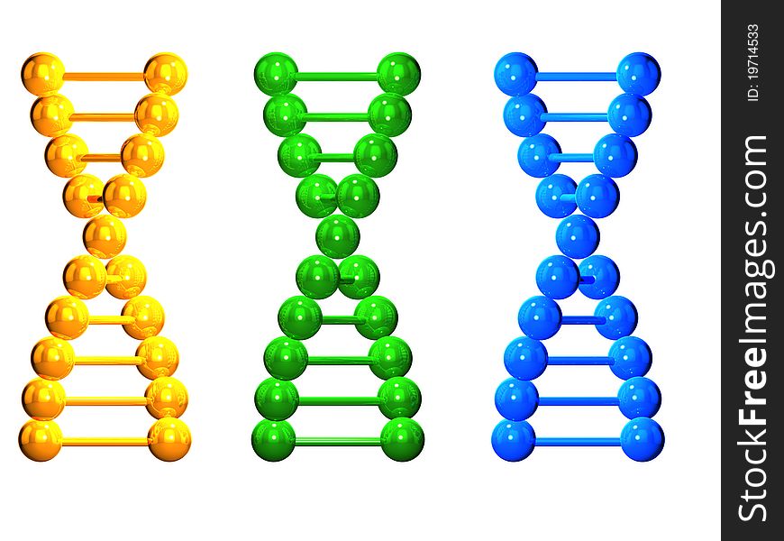 3D rendered yellow, green and blue isolated DNA chains. 3D rendered yellow, green and blue isolated DNA chains