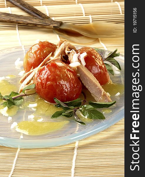 Detail salad with roasted tomatoes covered background