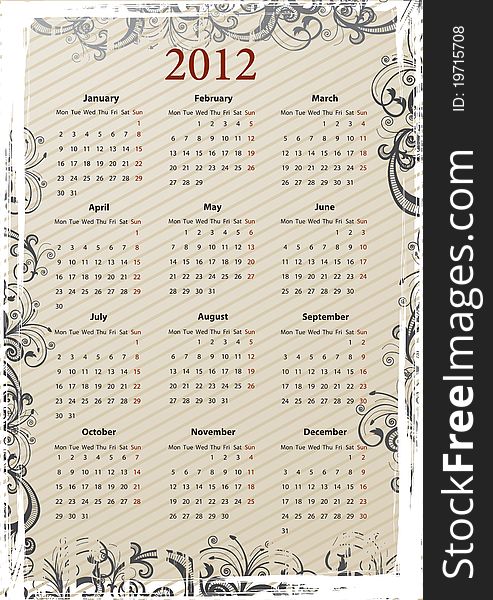 European Vector beige floral grungy calendar 2011, starting from Mondays. European Vector beige floral grungy calendar 2011, starting from Mondays