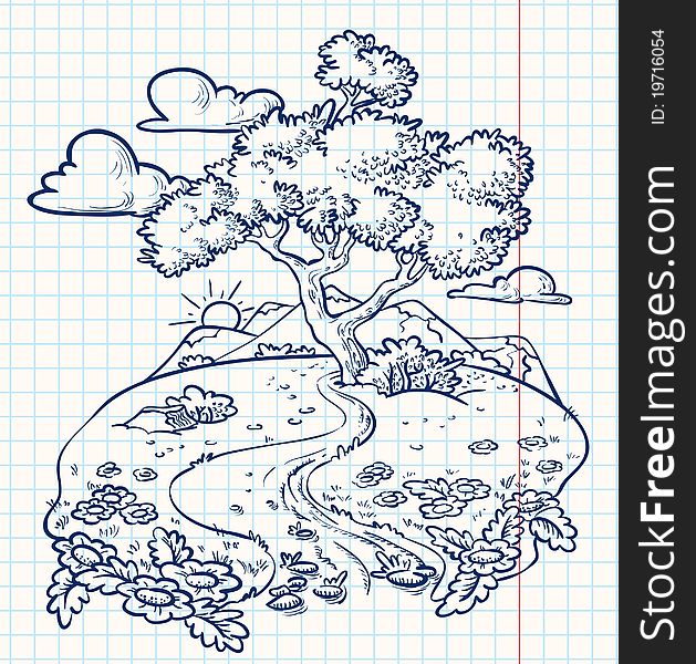 Idyllic summer landscape with tree (doodle version). Idyllic summer landscape with tree (doodle version)