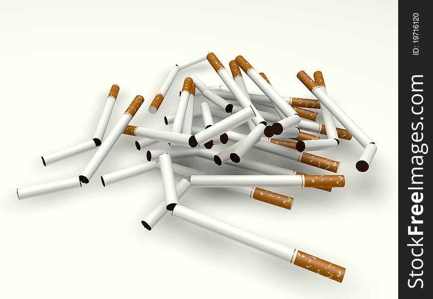Pile of broken cigarette on a white background. Pile of broken cigarette on a white background