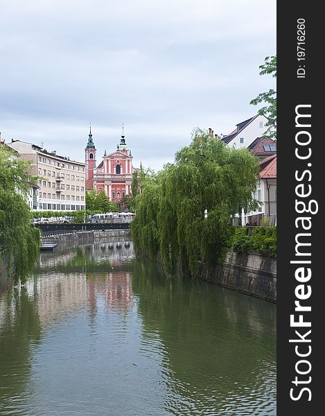 River and old town centre with church in Ljubljana