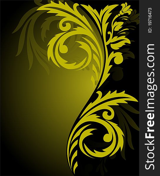 Abstract black background with a beautiful yellow ornament on the right. Abstract black background with a beautiful yellow ornament on the right