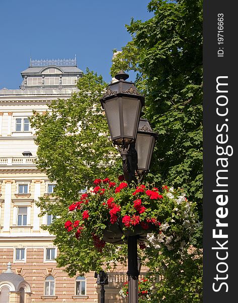 Street lantern against a building of Opera theater of Odessa