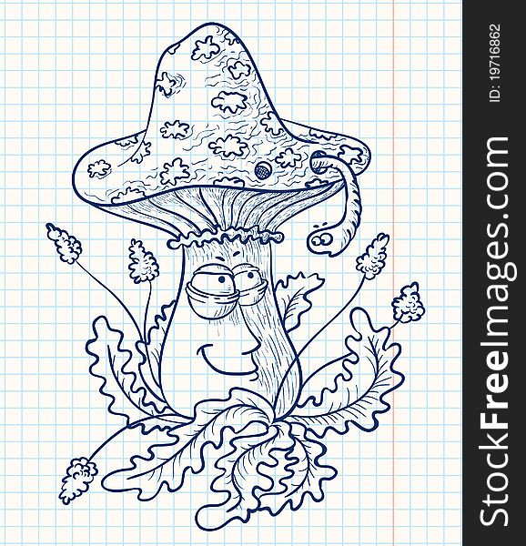 Doodle smiling mushroom (amanita) with worm