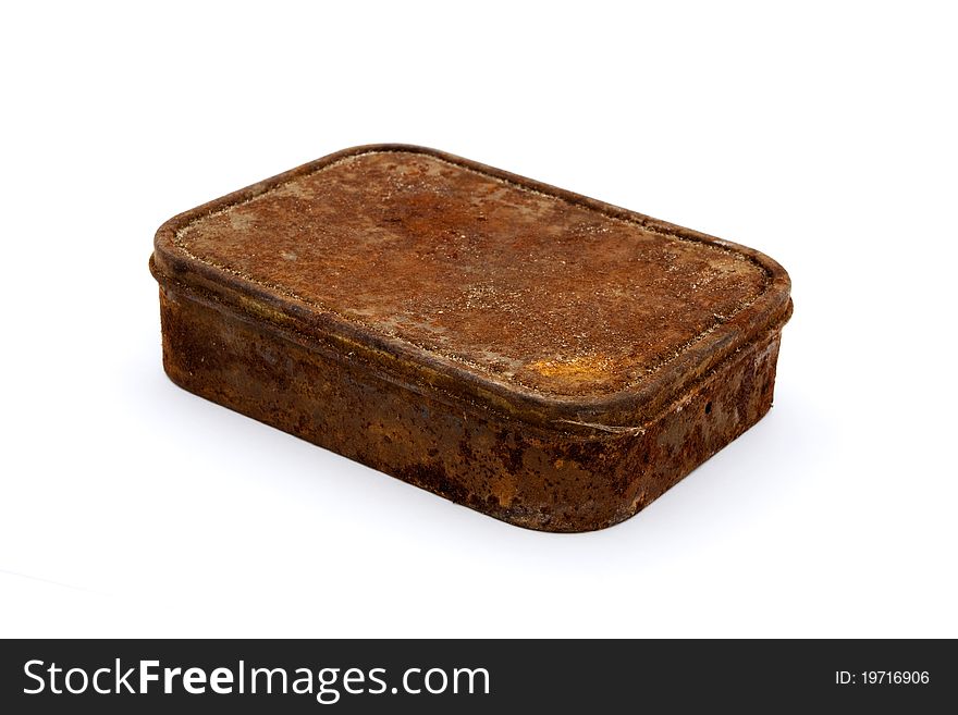 Rusty aged rectangular tin isolated on white. Rusty aged rectangular tin isolated on white