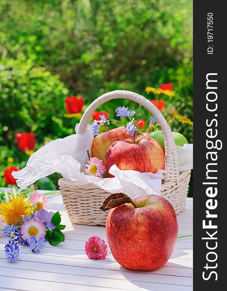 Red apples, flowers and basket on white garden table in sunny summer day. Red apples, flowers and basket on white garden table in sunny summer day