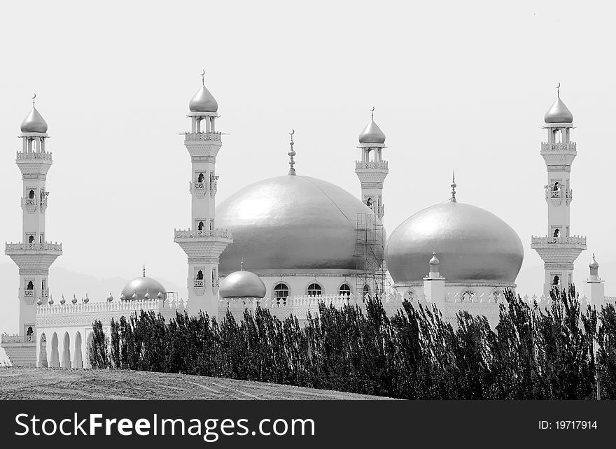 Domes and towers of a golden mosque in black-and-white