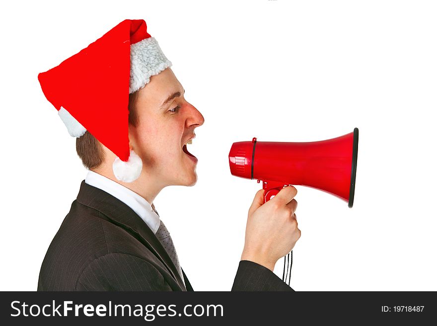 Caucasian businessman with chrismas hat and megaphone isolated on white background