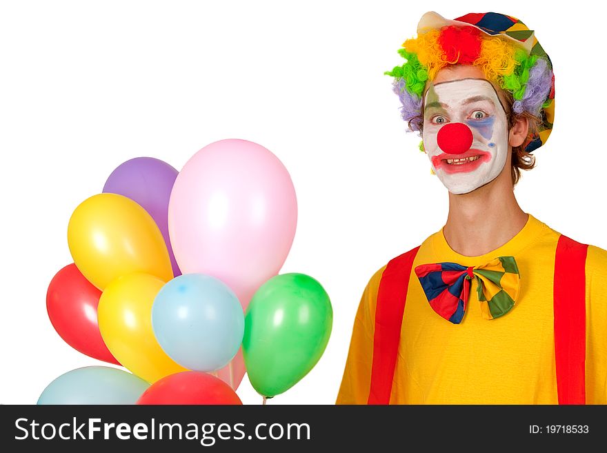 Colorful clown with balloons isolated on white background