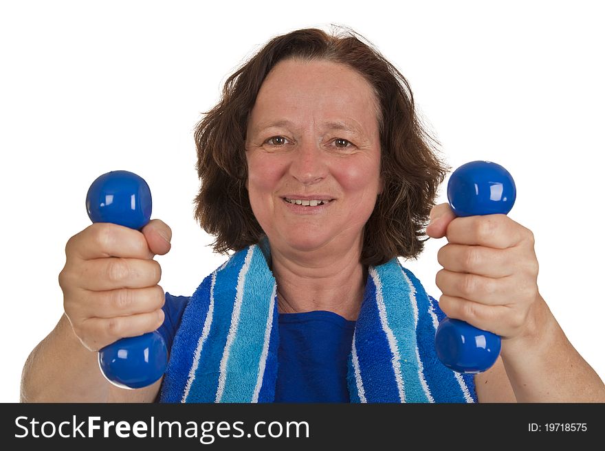 Middle aged woman with dumbbells isolated on white background. Middle aged woman with dumbbells isolated on white background