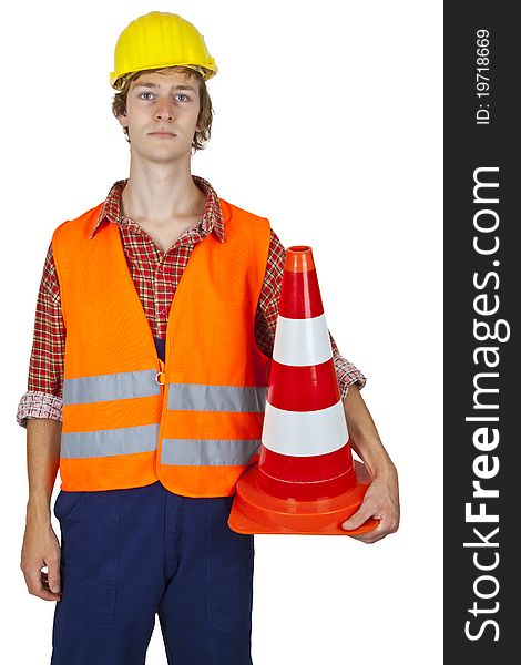 Worker with pylon on white background. Worker with pylon on white background