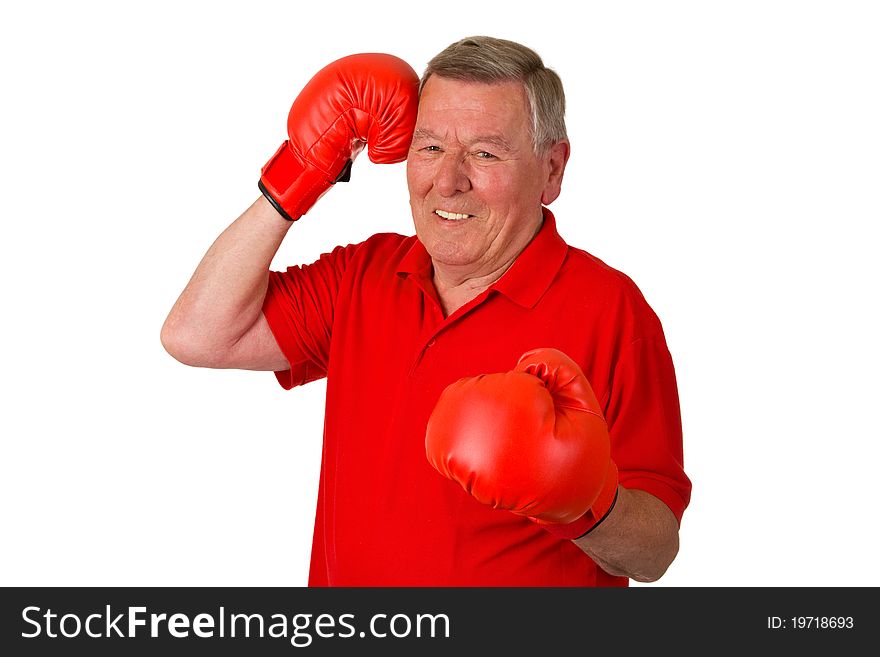 Male Senior with boxing gloves isolated on white background