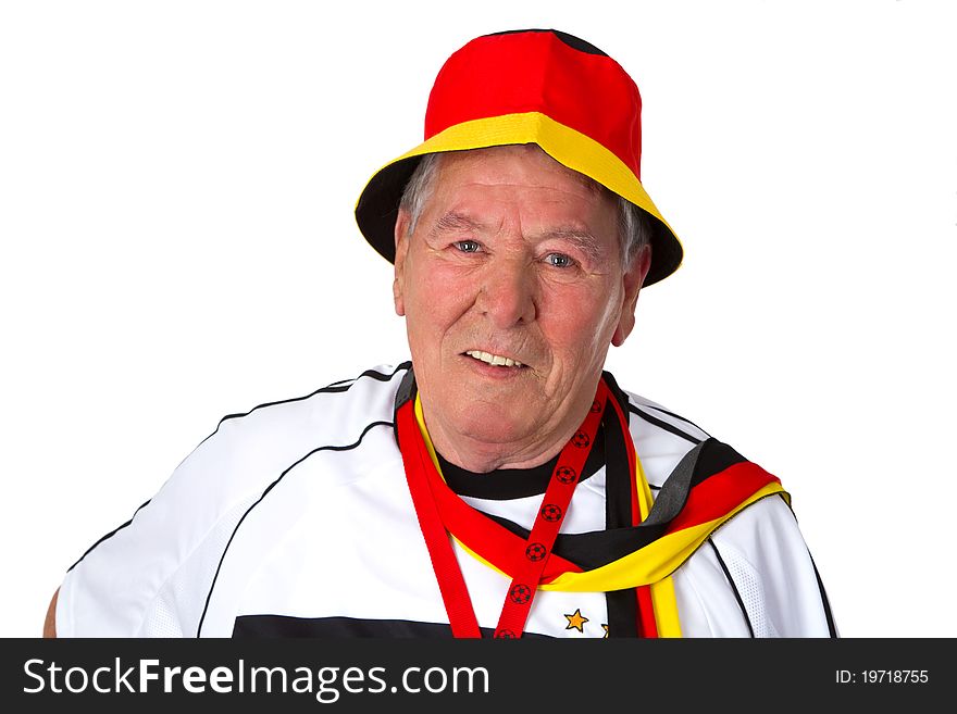 Senior soccer fan isolated on white background