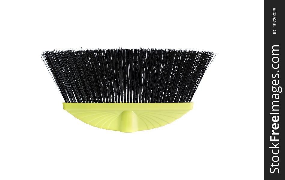 Closeup of new green plastic broom on white background. Closeup of new green plastic broom on white background