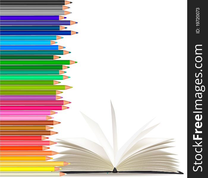 Background with color pencils and book. Vector
