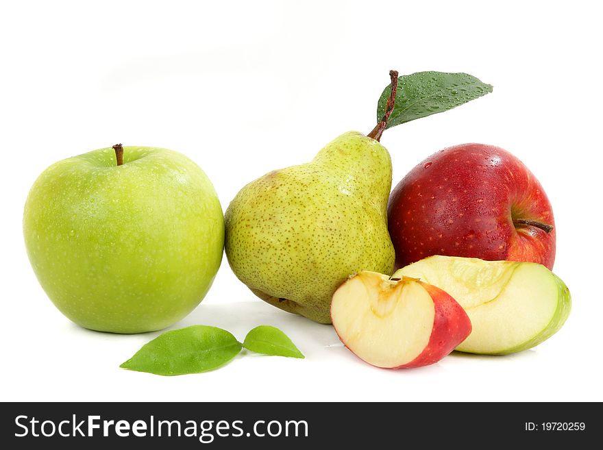 Composition from apples and pears, red and green, whole and cut