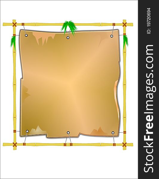 Yellow oriental frame with canvas stretched across face and leaves at top joints on white