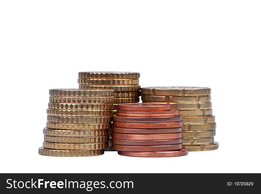 Stacks of coins isolated on white background without shadow. Clipping paths. Theme of money and finance.