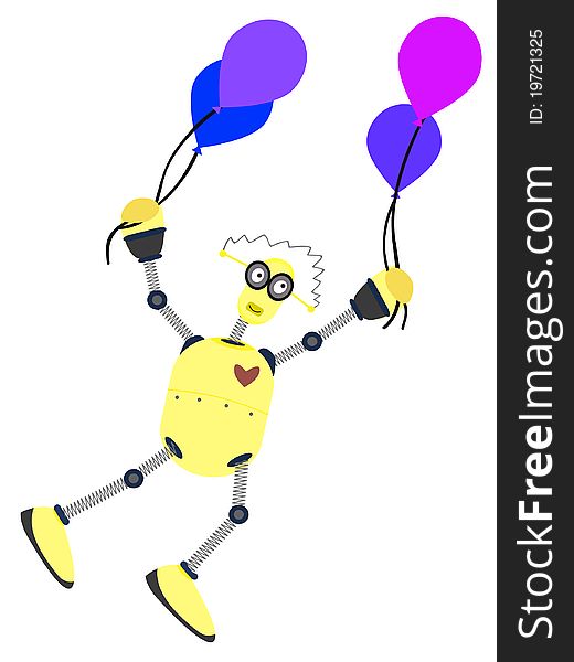 Happy cartoon robot rising upwards with aid of multiple balloons. Happy cartoon robot rising upwards with aid of multiple balloons