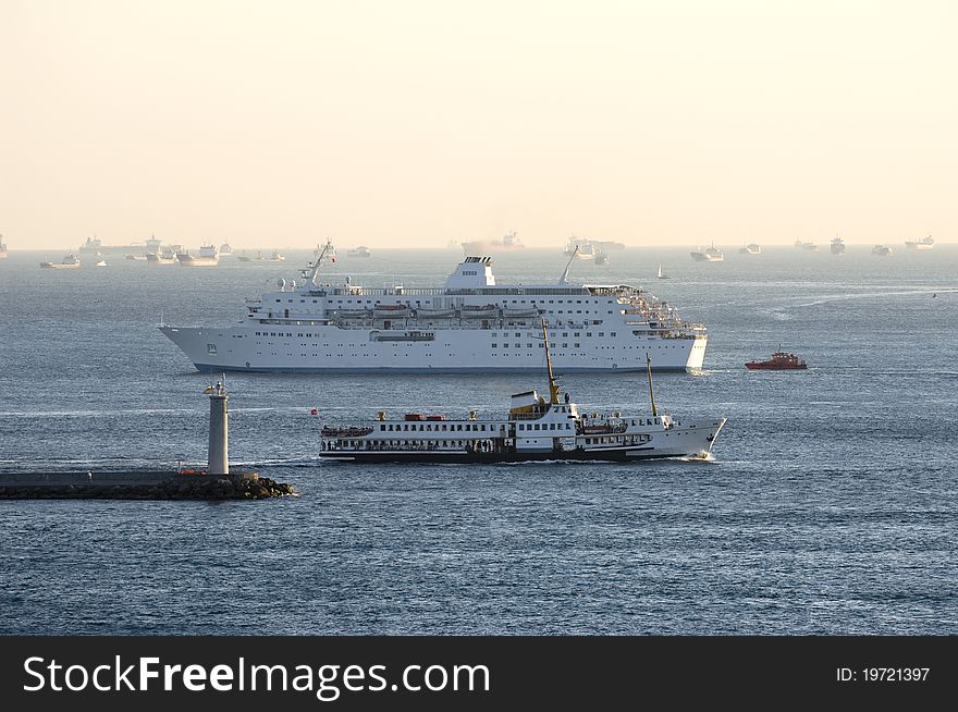 Ships in the backgrund waiting for a pilot to pass the Bosphorus. Ships in the backgrund waiting for a pilot to pass the Bosphorus.