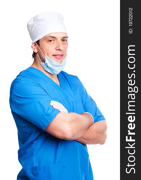 Portrait of doctor wearing a mask and blue uniform. isolated on white background. Portrait of doctor wearing a mask and blue uniform. isolated on white background