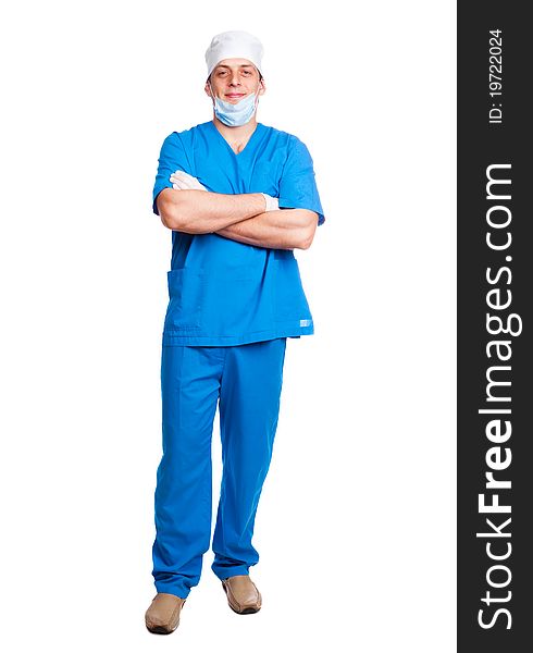 Portrait of doctor wearing a mask and blue uniform. isolated on white background. Portrait of doctor wearing a mask and blue uniform. isolated on white background