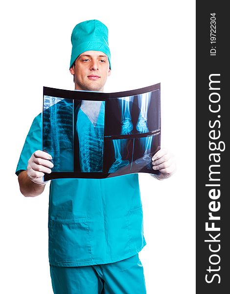 Portrait of a surgeon looking at the x-ray photograph. isolated on white background