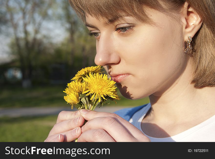 The girl enjoys a smell dandelions. The girl enjoys a smell dandelions