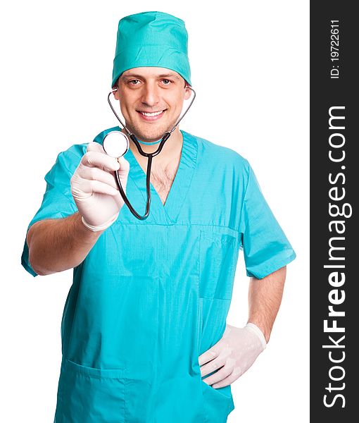 Portrait of a surgeon with a stethoscope, isolated against white background