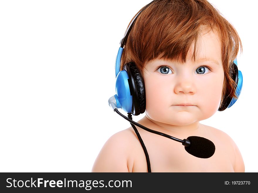 Adorable baby girl with headset microphone. Isolated over white. Adorable baby girl with headset microphone. Isolated over white.