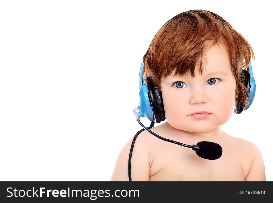 Adorable baby girl with headset microphone. Isolated over white. Adorable baby girl with headset microphone. Isolated over white.