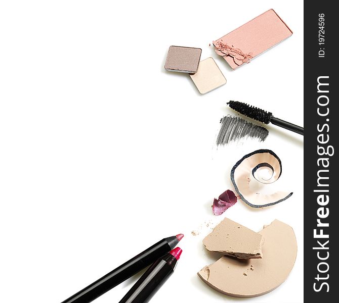 Set of cosmetics. Studio photo of makeup accessories on white background.