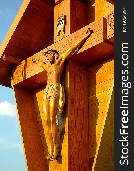 Crucifix Christian cross against the sky Religious symbol of Christianity