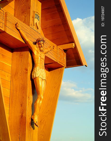 Crucifix Christian cross against the sky  Religious symbol of Christianity