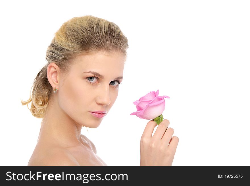 Beautiful Blonde With Pink Rose