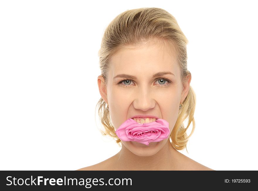 Evil woman with flower in her mouth isolated on white